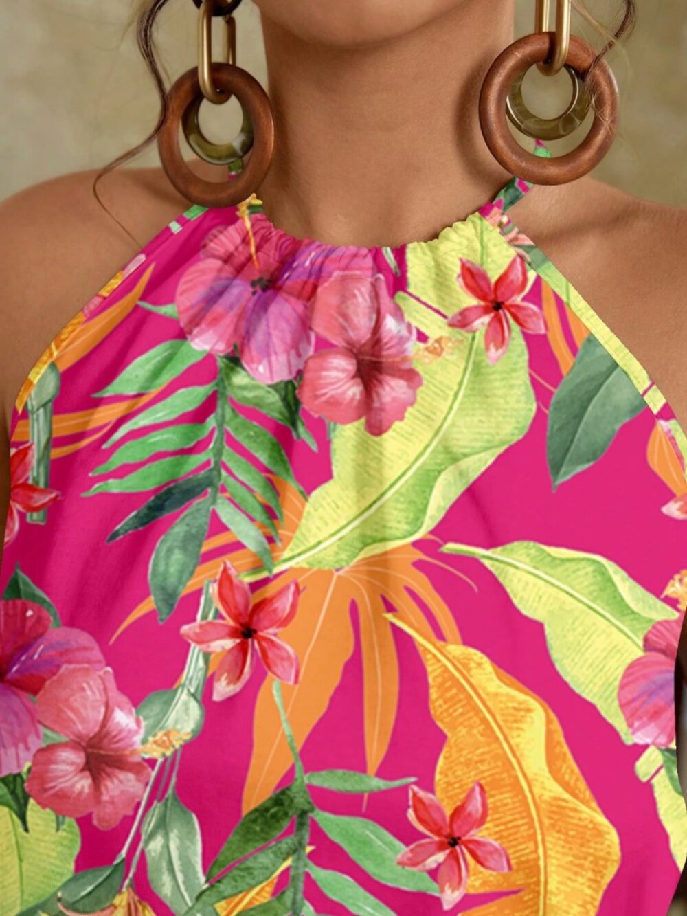 Tropical Print Halter Top w/Handkerchief Hem - Picture 3 of 7